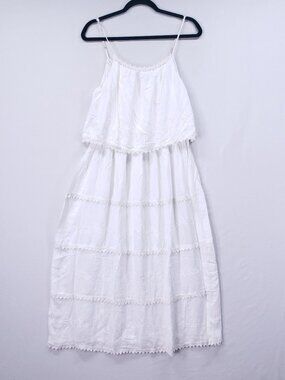 Venice Blue Tiered Midi Dress One Size White Embroidery Beachy Boho Cottagecore